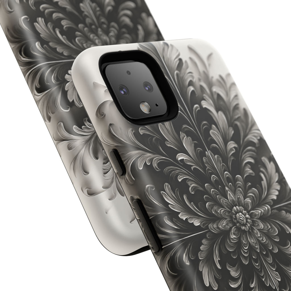 Obsidian Bloom - Elegant Black & White Google Pixel 4XL Tough Phone Case - Intricate Mandala Flower Design