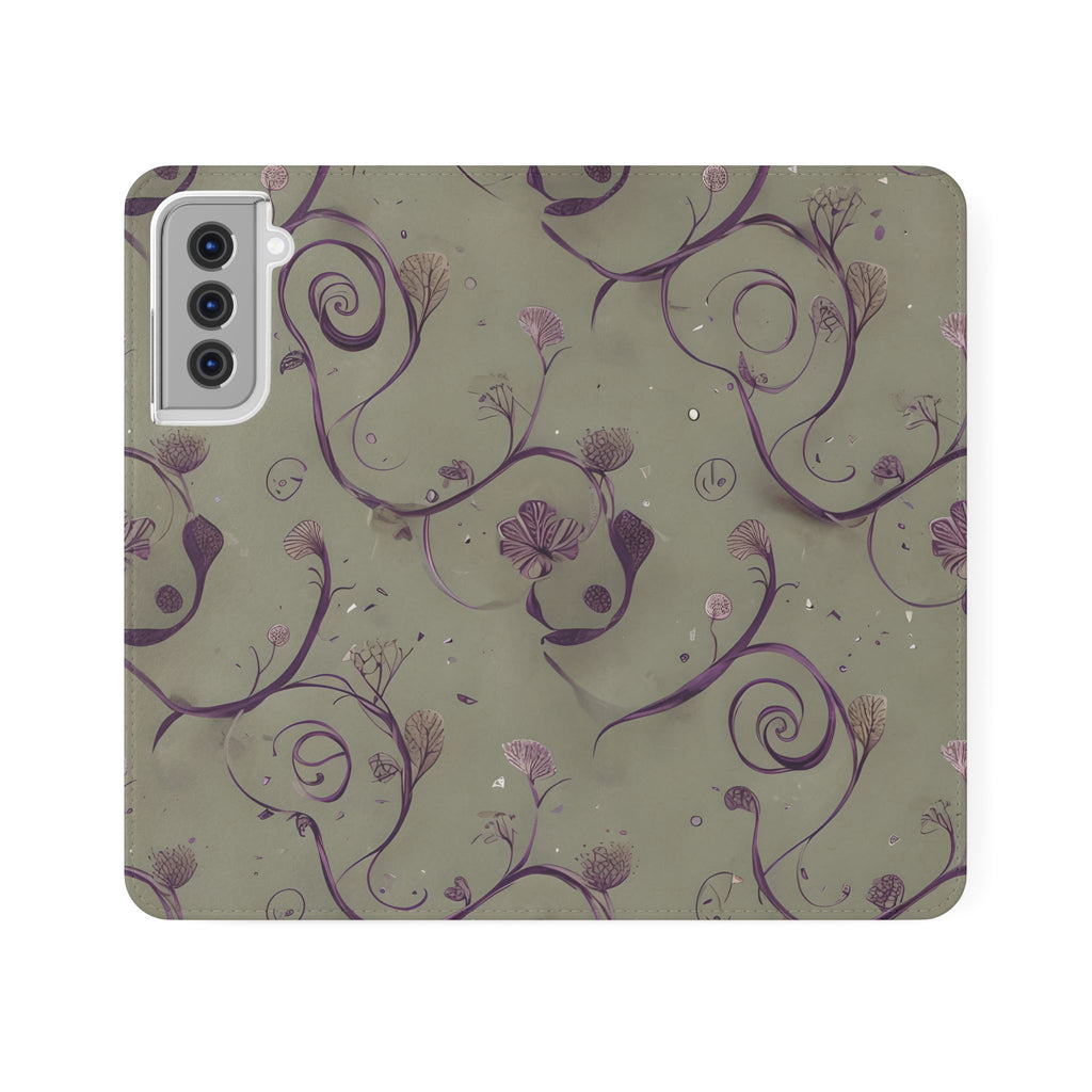 Twilight Thistle Bloom Wallet Phone Case - Elegant Purple Floral Vine Flip Cover for Samsung Galaxy S21