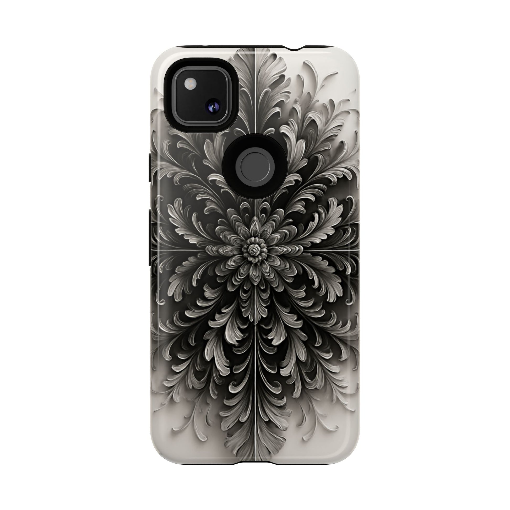 Obsidian Bloom - Elegant Black & White Google Pixel 4a Tough Phone Case - Intricate Mandala Flower Design