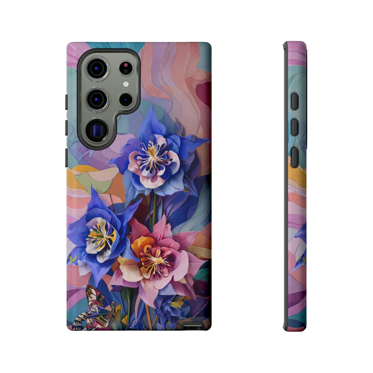 Blue Columbine Carnivale columbine flowers and butterfly wraparound Samsung Galaxy phone case front and side view
