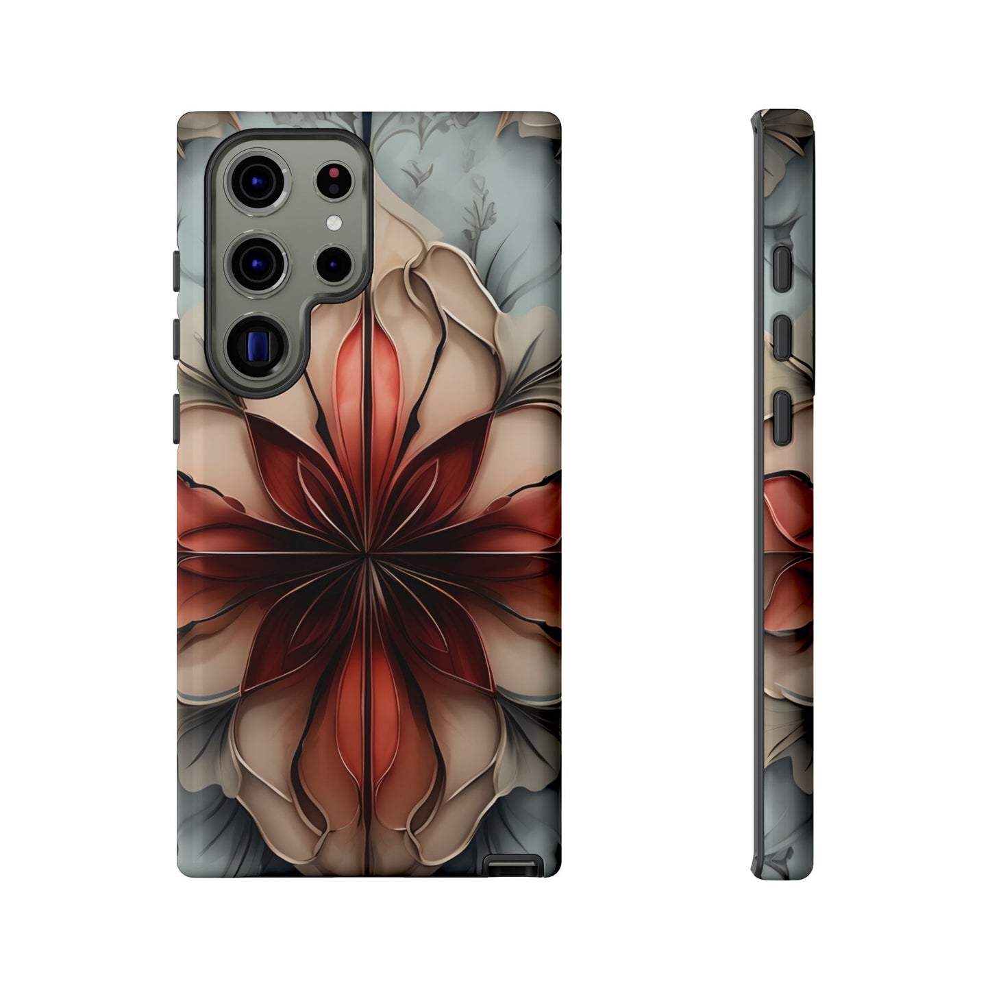 Ember Bloom red floral wraparound Samsung Galaxy phone case front and side view