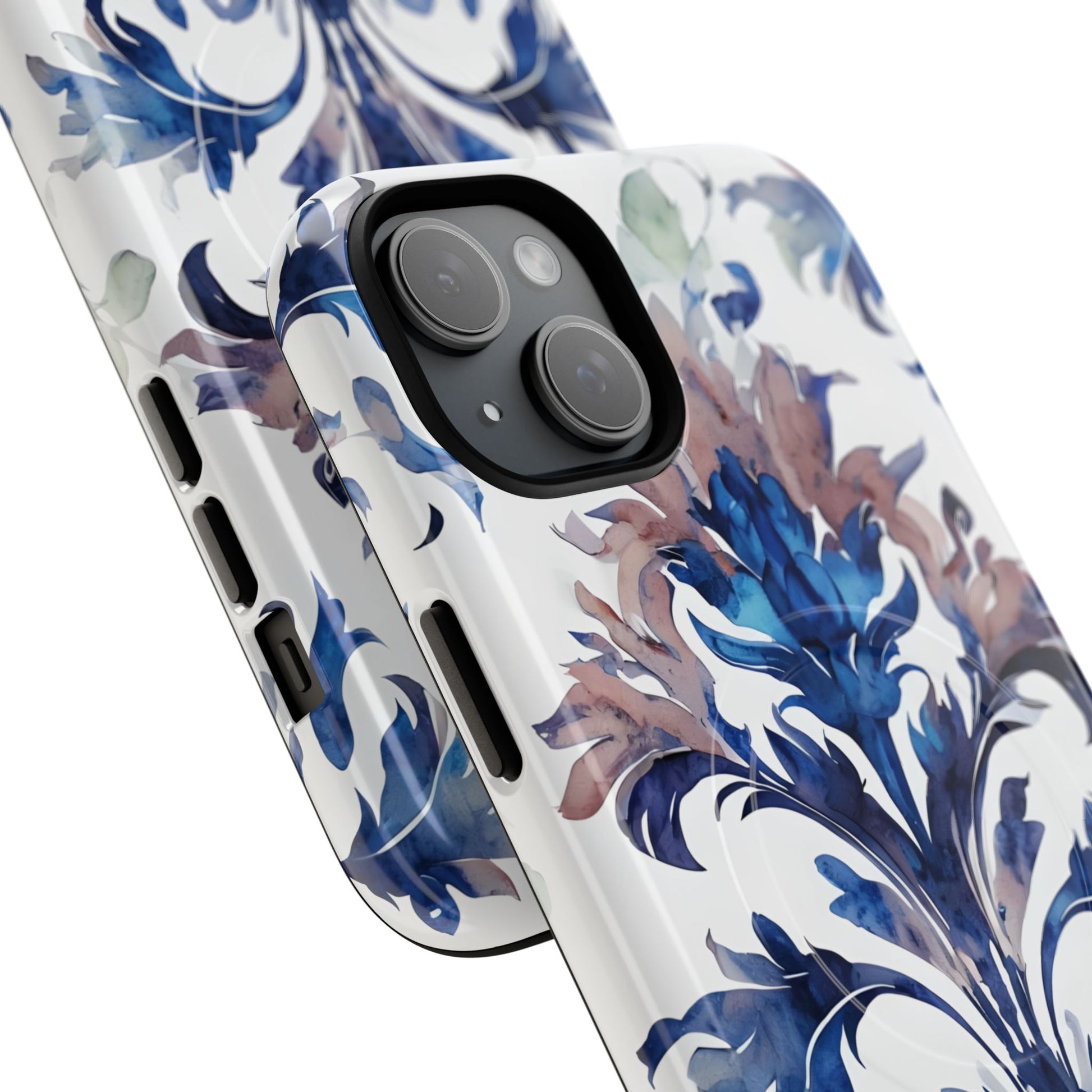 Delft Reverie - Elegant Blue & White iPhone 15 Plus MagSafe Phone Case - Dutch Delftware-Inspired Floral Design