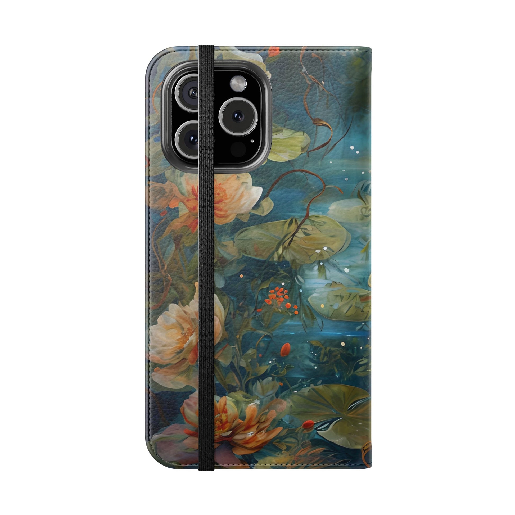 Waterlily Nocturne iPhone 16 Pro Max Wallet Case - Elegant Floral Flip Cover, Vintage Botanical Phone Folio
