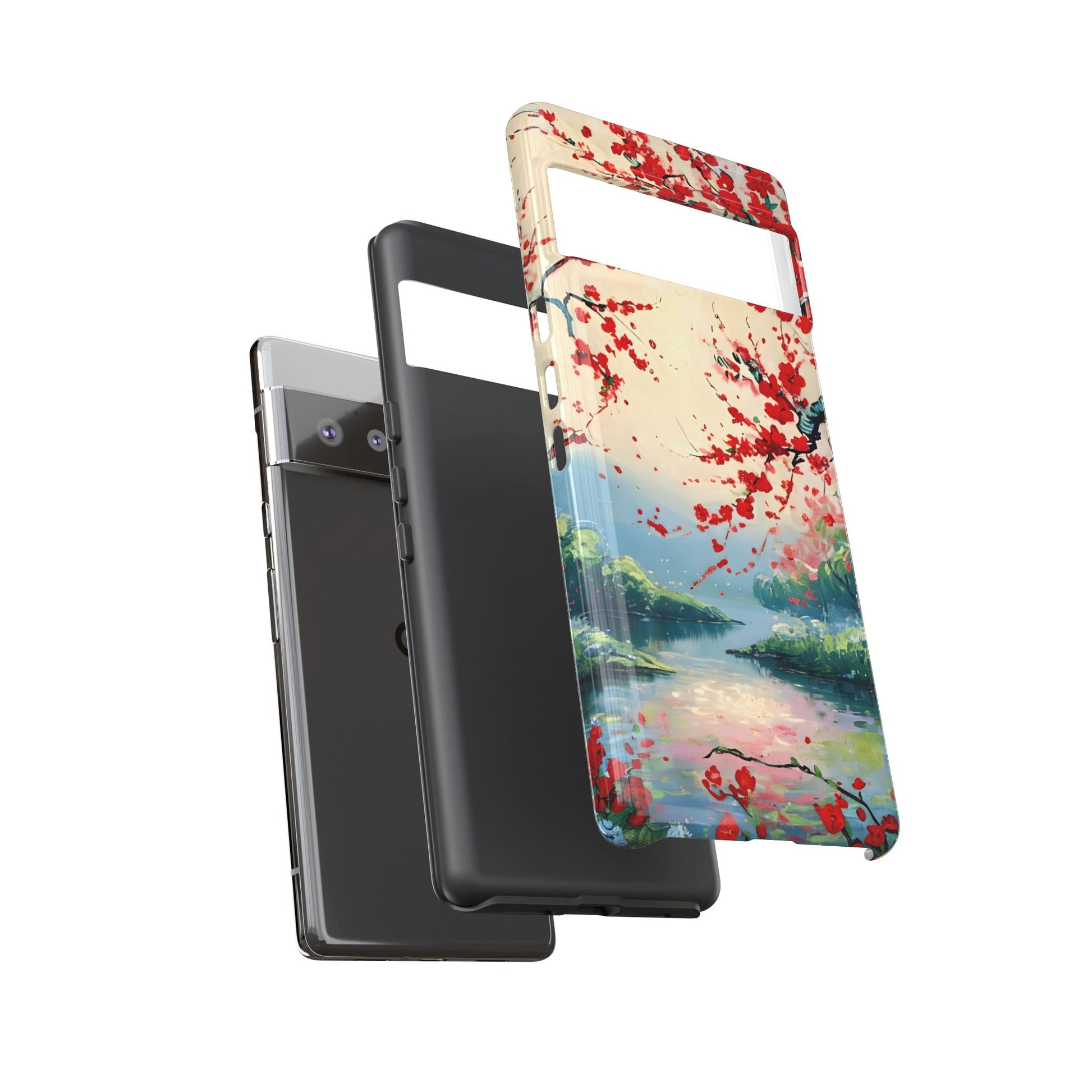 Crimson Blossom Lake - Artistic Floral Landscape Google Pixel 6 Pro Tough Phone Case - Red Cherry Blossoms & Serene Lake Design