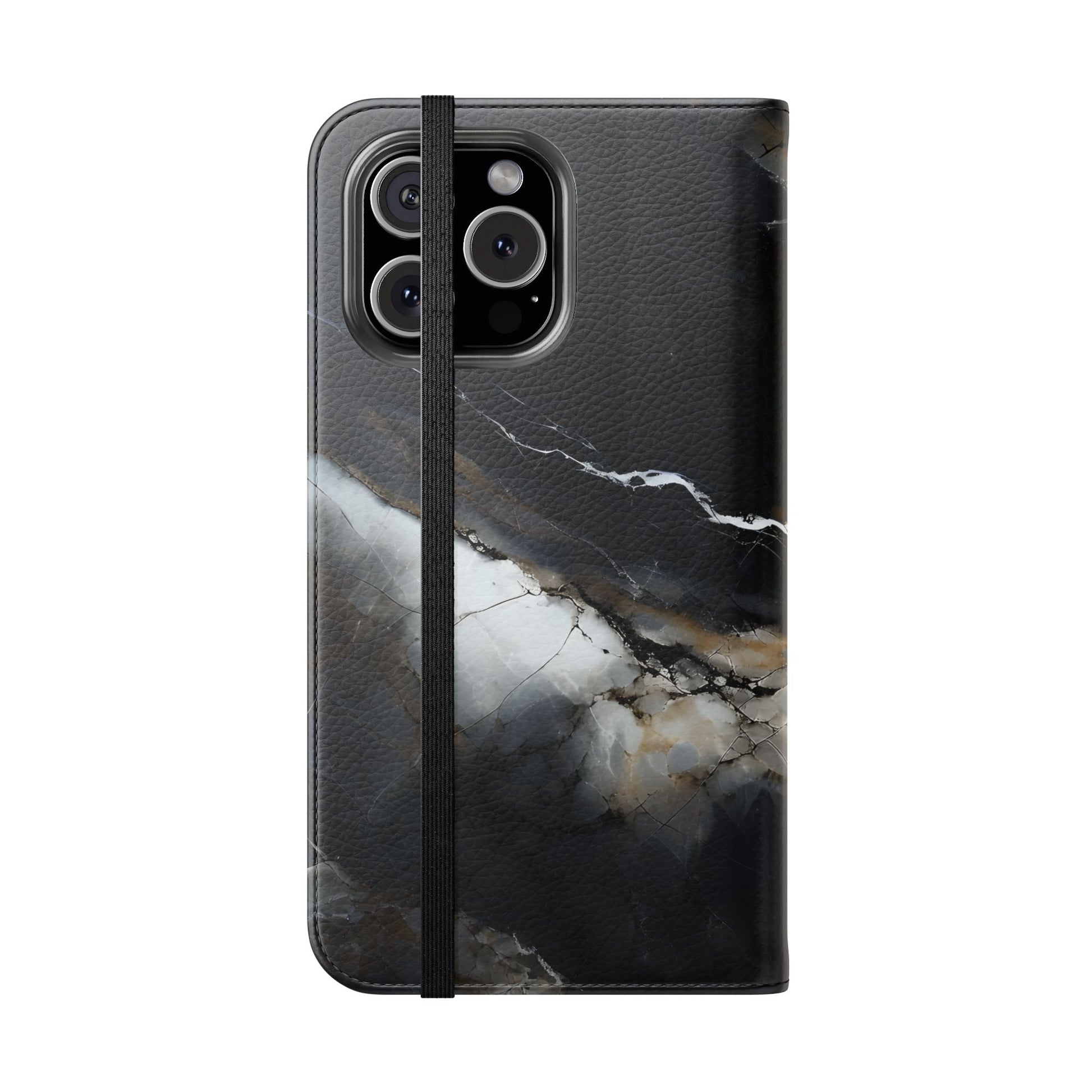 Obsidian Vein Wallet Phone Case - Black & White Marble - Flip Cover for iPhone 16 Pro Max