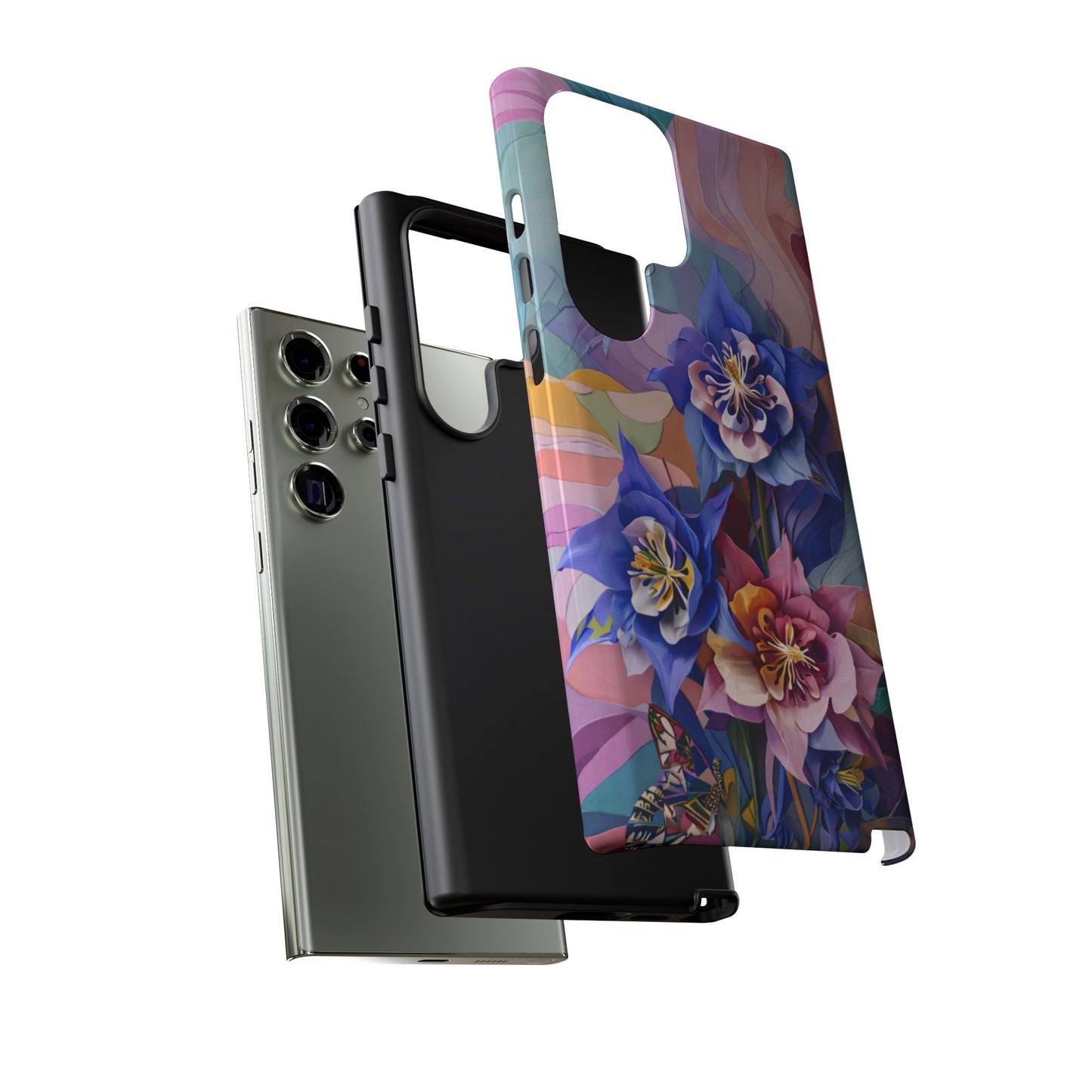 Blue Columbine Carnivale columbine flowers and butterfly Samsung Galaxy tough phone case dual layer protection