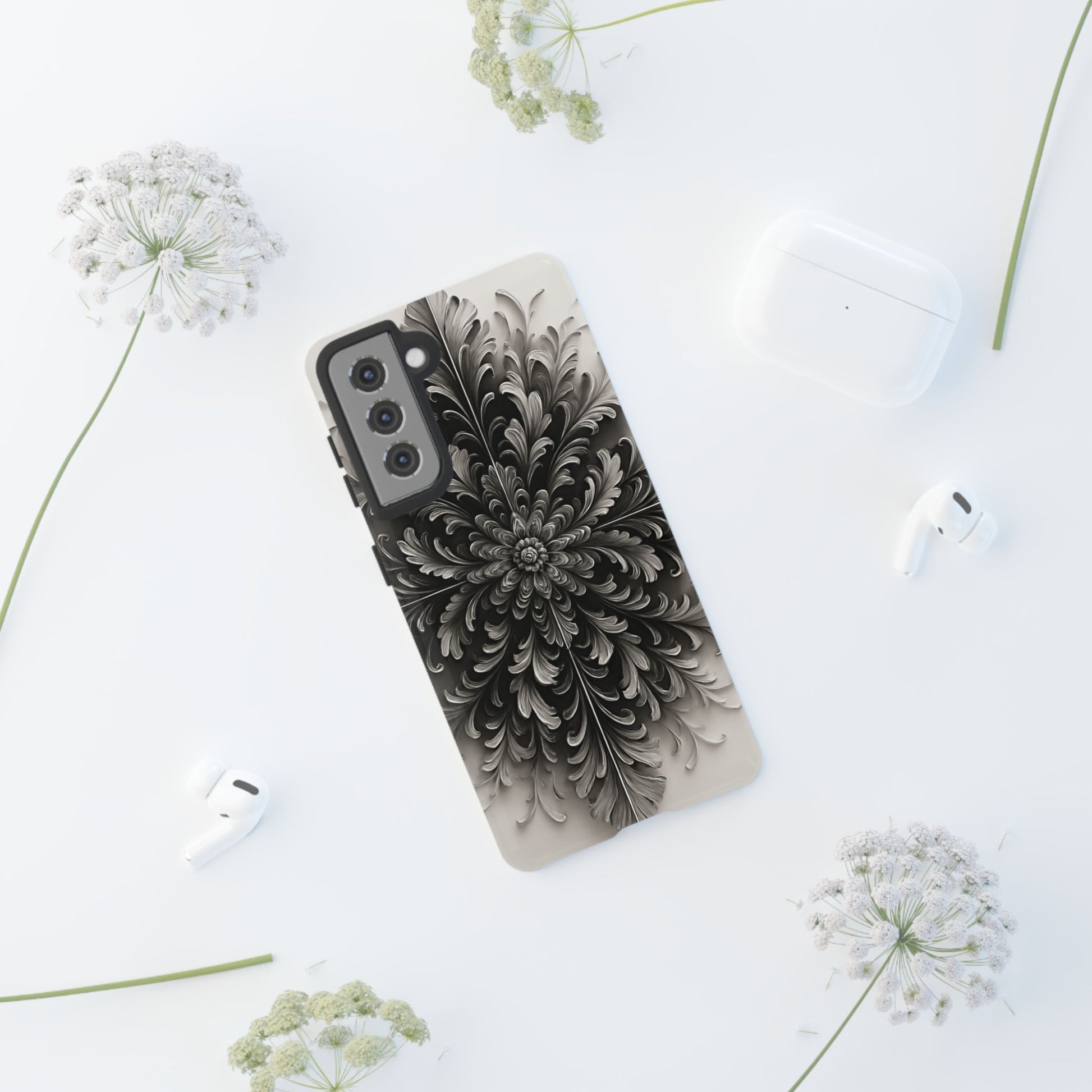 Obsidian Bloom - Elegant Black & White Samsung Galaxy S21 Tough Phone Case - Intricate Mandala Flower Design
