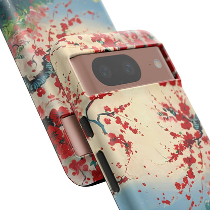 Crimson Blossom Lake - Artistic Floral Landscape Google Pixel 6 Tough Phone Case - Red Cherry Blossoms & Serene Lake Design