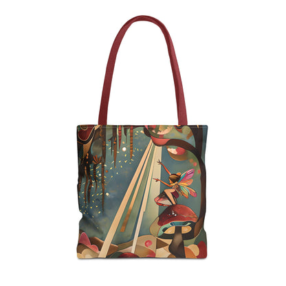 Enchanted Orchard canvas tote bag featuring whimsical fairy reaching for sunbeams with red handles