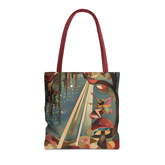 Enchanted Orchard canvas tote bag featuring whimsical fairy reaching for sunbeams with red handles