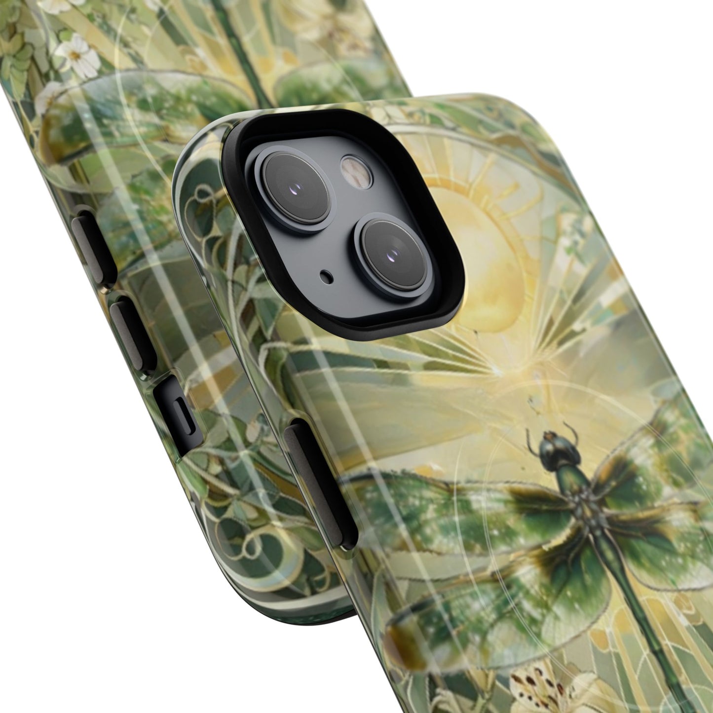 Emerald Dragonfly art nouveau iPhone MagSafe phone case angled view with botanical floral design.