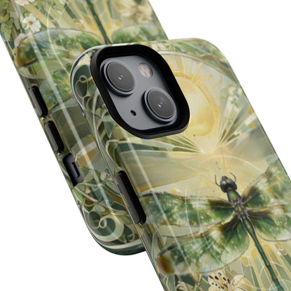 Emerald Dragonfly art nouveau iPhone MagSafe phone case angled view with botanical floral design.