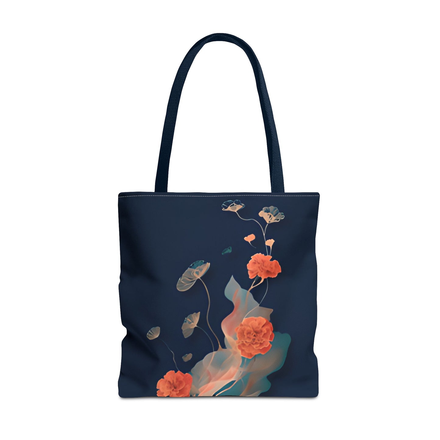 Lotus Reverie Tote Bag (16x16 & 18x18)- Deep Navy Canvas with Soft Coral Lotus and Leaf Motifs, Reusable & Eco-Friendly