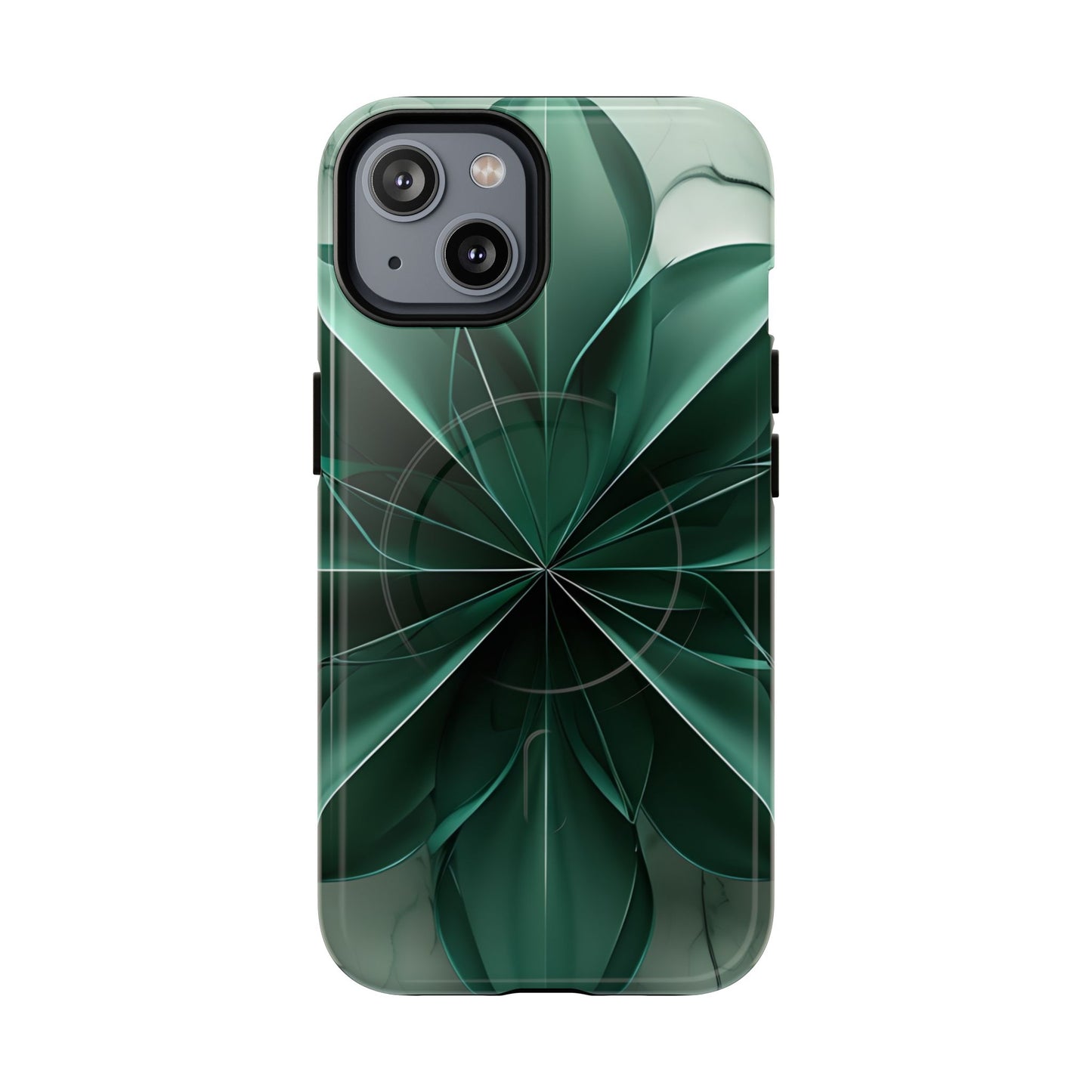 Emerald Bloom iPhone MagSafe case with deep green geometric floral bloom design