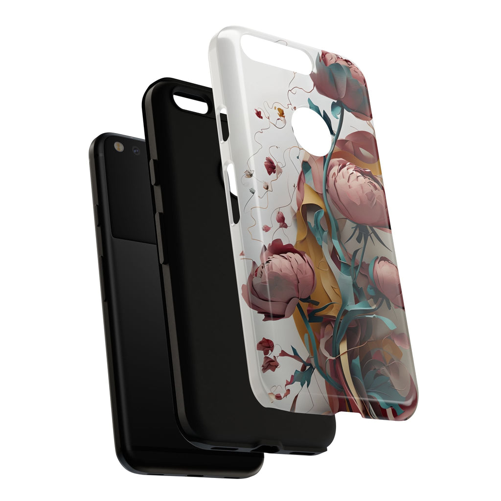Blushing Peony Veil - Elegant Painterly Floral Google Pixel Tough Phone Case - Soft Blush & Teal Peony Design