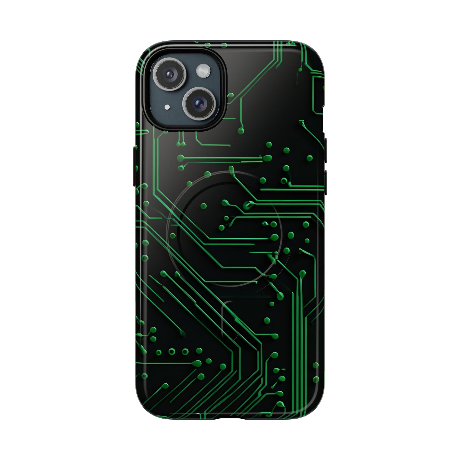 Green Circuit Grid iPhone 15 Plus MagSafe Compatible case- Tech-Inspired Shockproof Cover
