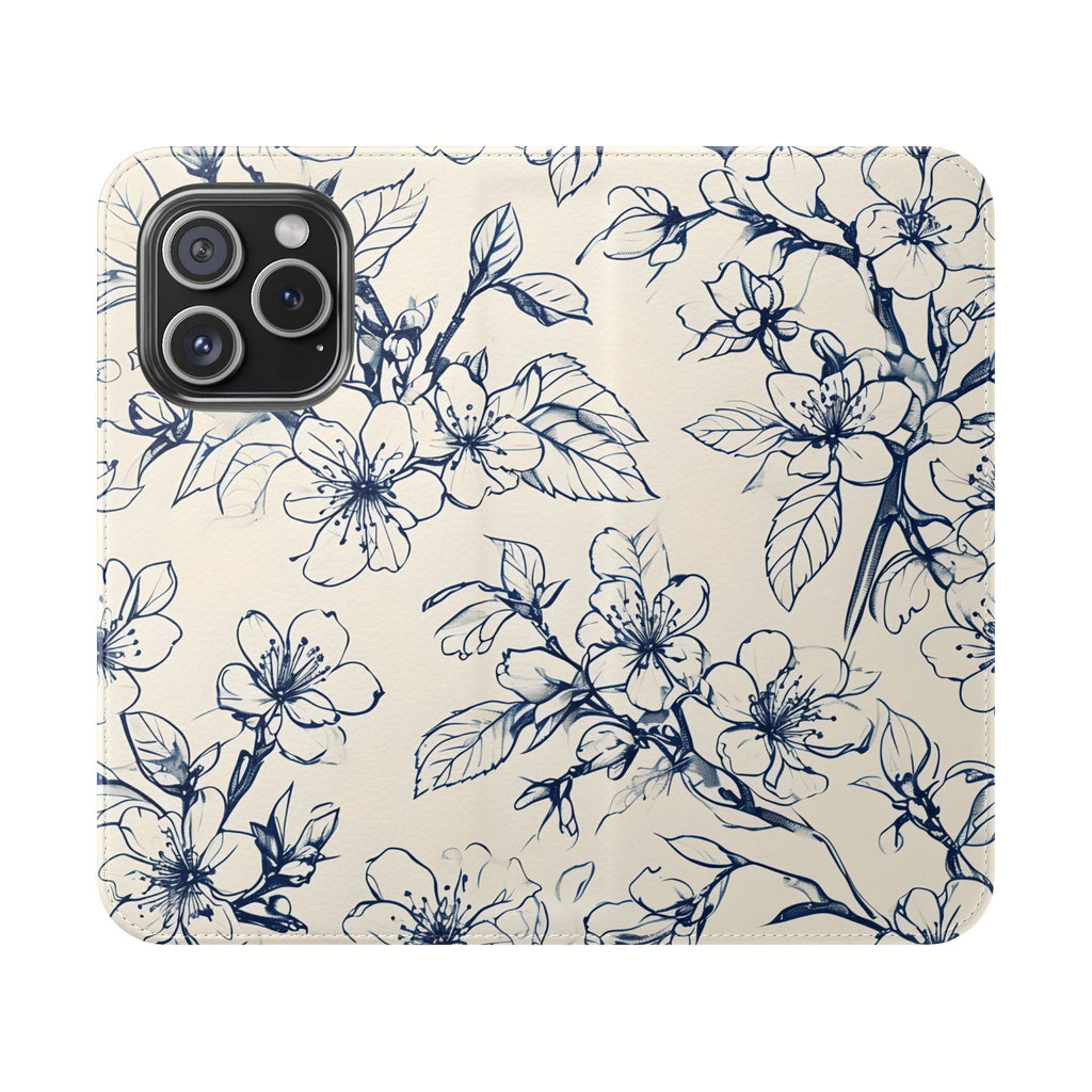 Blossom Sketch - Minimalist Floral Flip Phone Case for iPhone 15 Pro