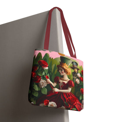 Regal Rose Court canvas tote bag hanging with vibrant red rose floral pattern