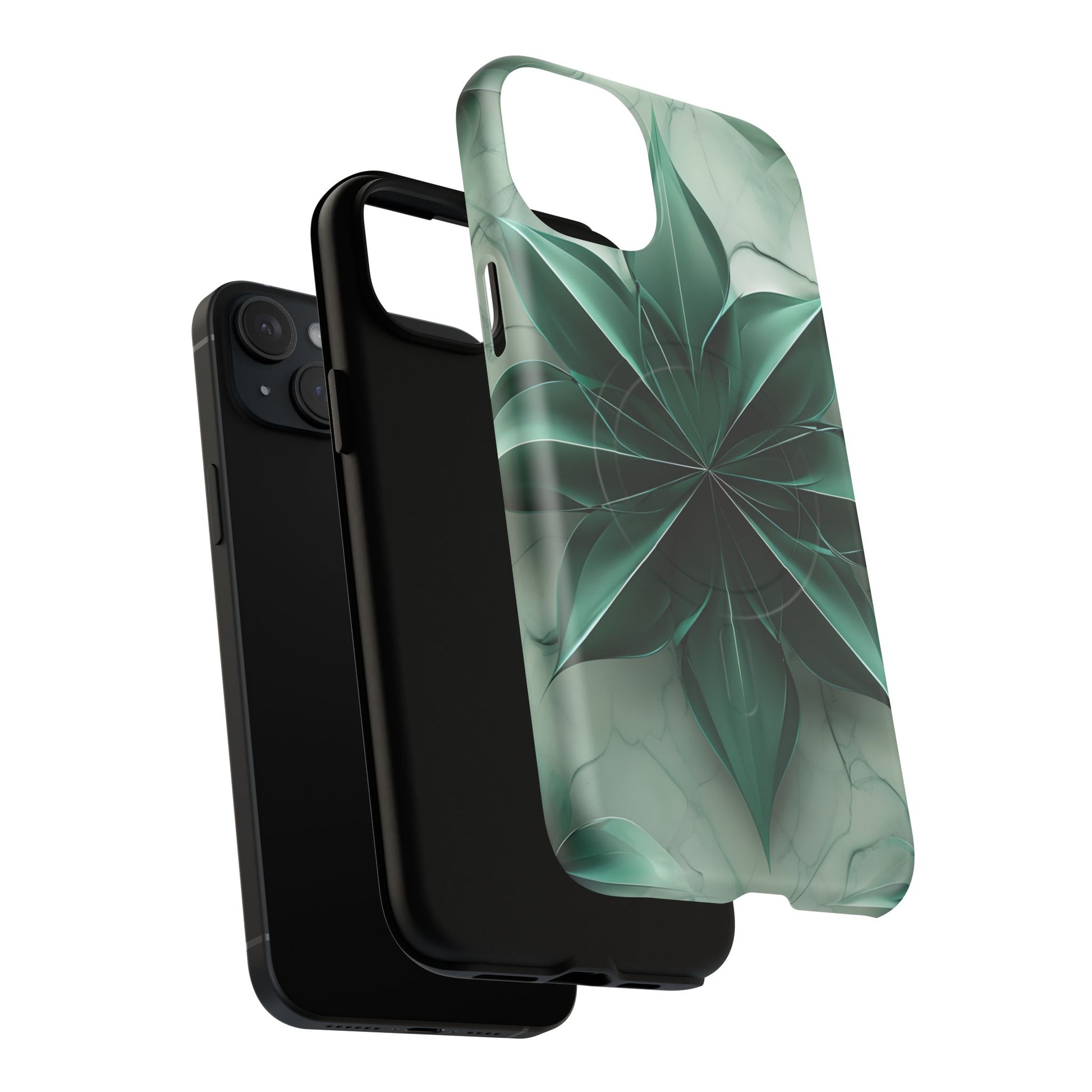 Emerald Bloom iPhone 15 Plus MagSafe Phone Case -Modern Symmetrical Floral Design, Green
