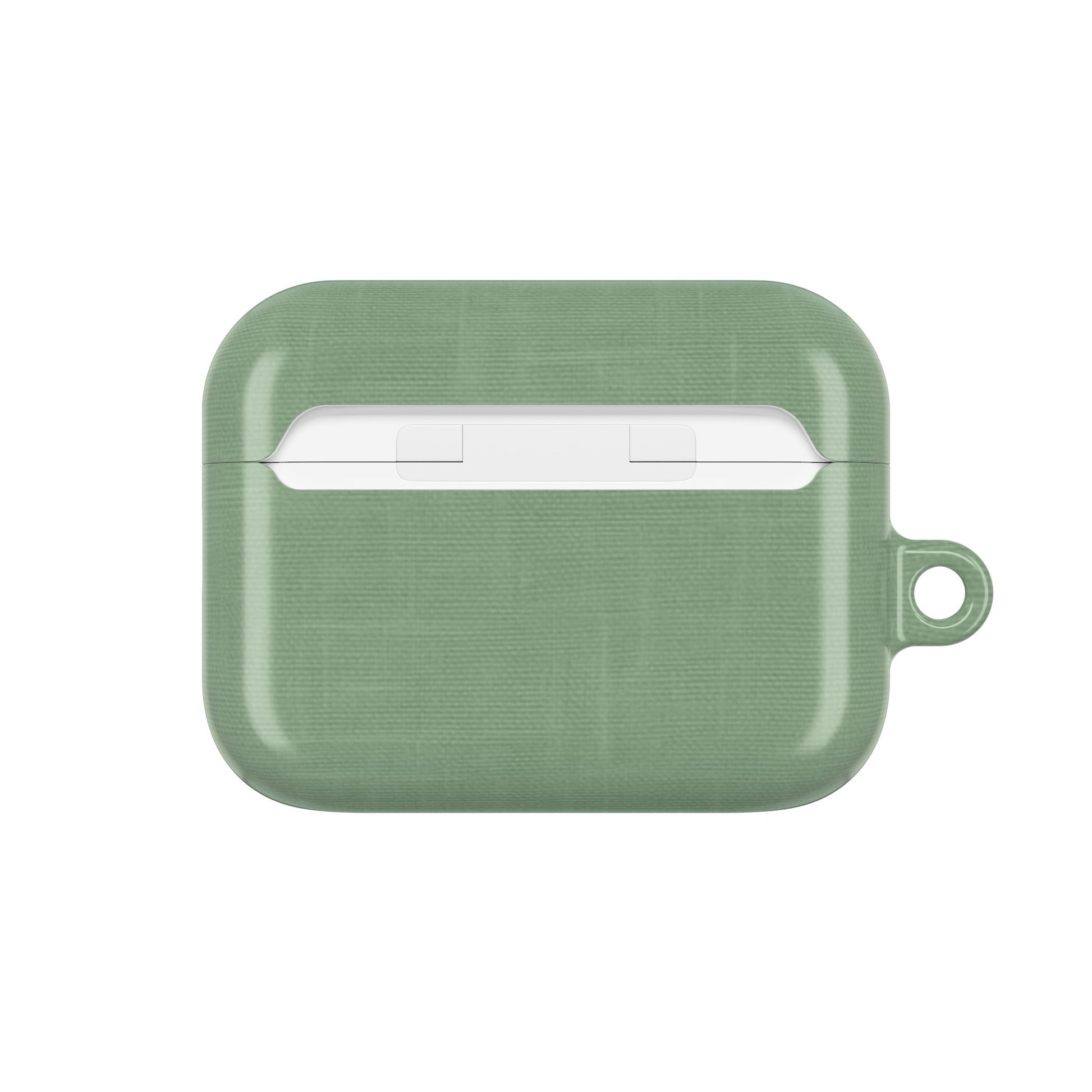 Sage Linen AirPods case back view showing subtle linen fabric texture