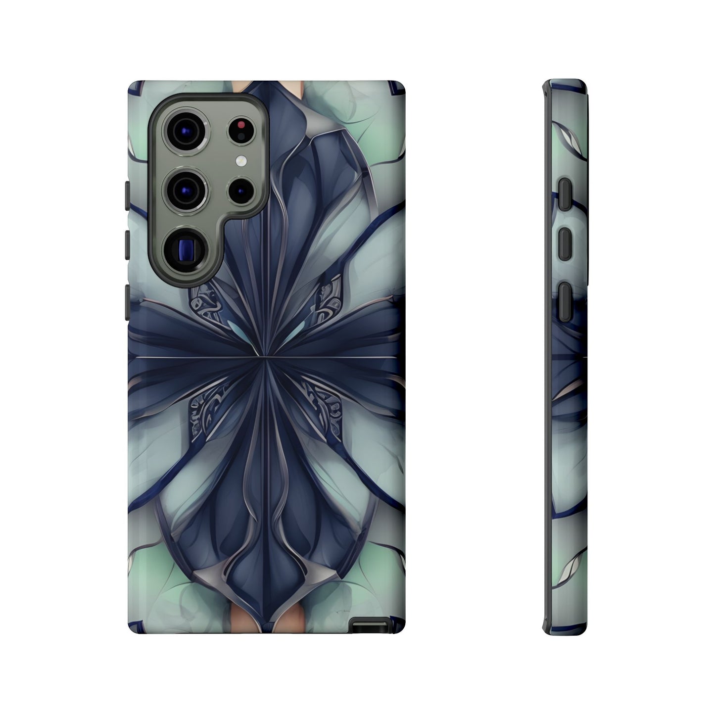Midnight Mosaic dark blue geometric floral wraparound Samsung Galaxy phone case front and side view