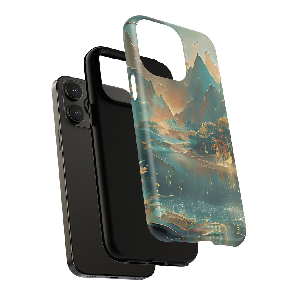 Misty Horizon - Serene Landscape Art iPhone 14 Pro Max MagSafe Phone Case - Tranquil Mountain & Lake Design