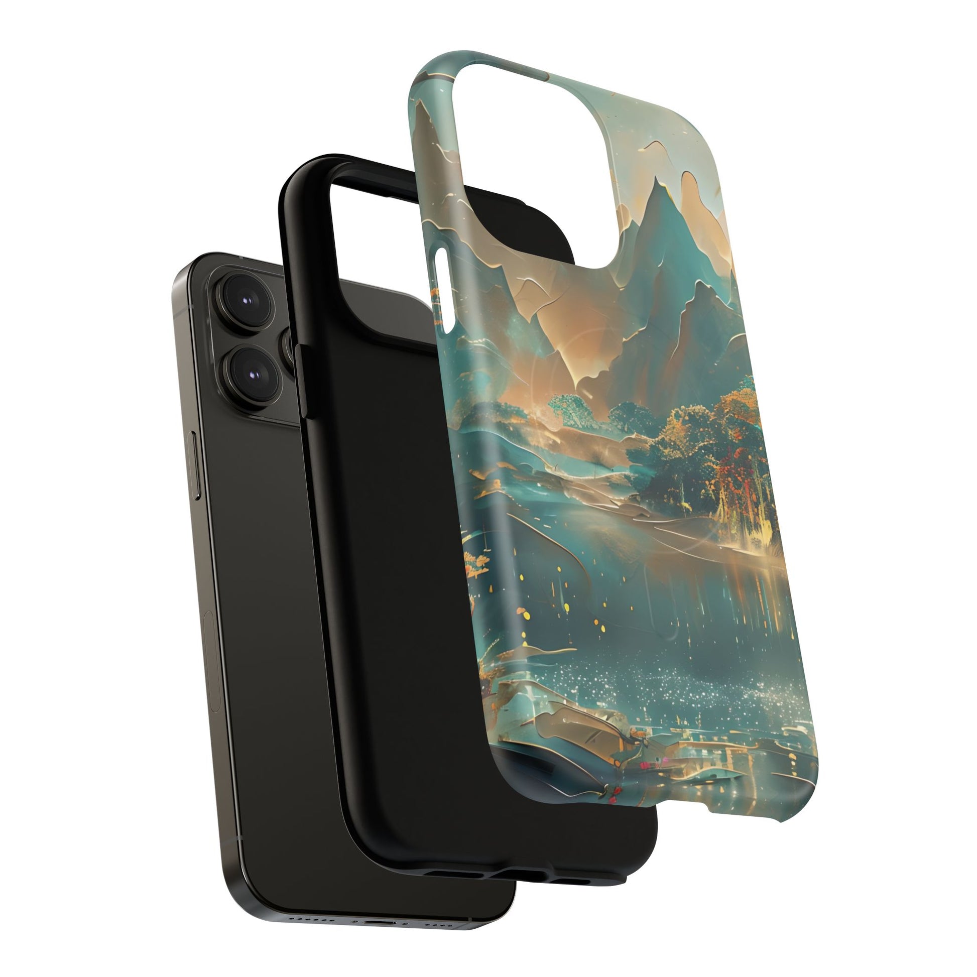 Misty Horizon - Serene Landscape Art iPhone 14 Pro Max MagSafe Phone Case - Tranquil Mountain & Lake Design