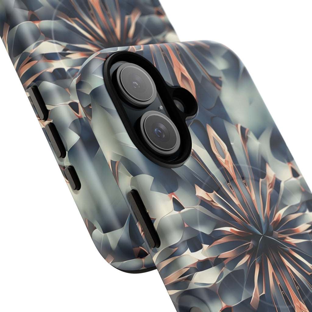 Obsidian Kaleidoscope Artistic Floral Burst - iPhone 16 MagSafe Phone Case -Blue, Peach and Silver Symmetrical Design