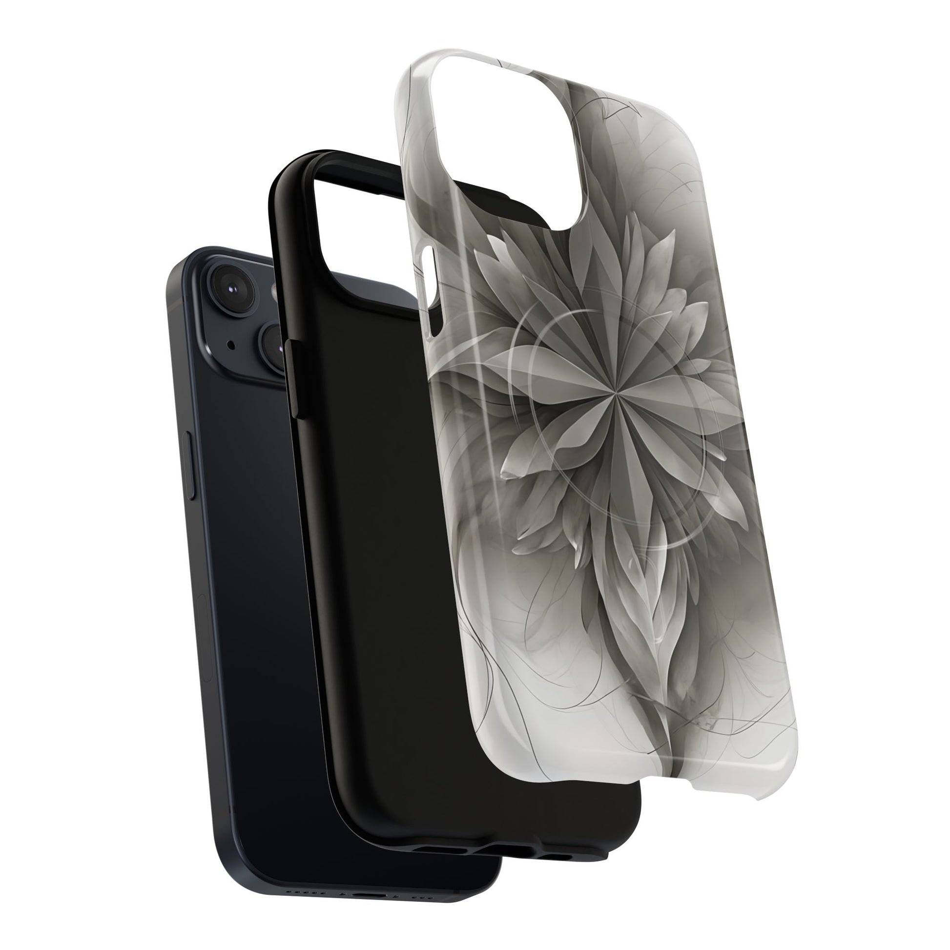 Silver Lotus - Elegant Monochrome Floral iPhone 14 MagSafe Phone Case - Modern Lotus Design