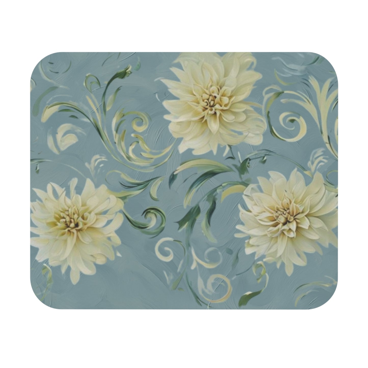 Golden Dahlia Trio mouse pad featuring three golden dahlia flowers on soft blue background