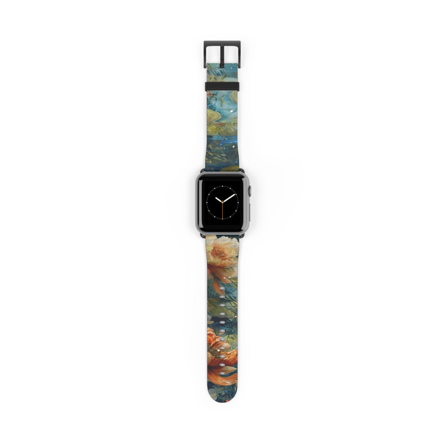 Waterlily Nocturne Apple Watch band with watch face featuring impressionist water lily pond artwork in rich blue and warm tones