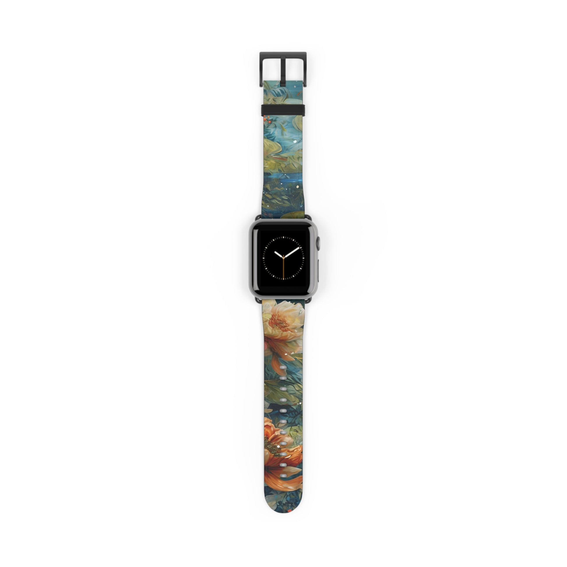 Waterlily Nocturne Apple Watch band with watch face featuring impressionist water lily pond artwork in rich blue and warm tones