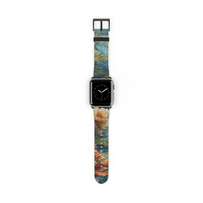 Waterlily Nocturne Apple Watch band with watch face featuring impressionist water lily pond artwork in rich blue and warm tones