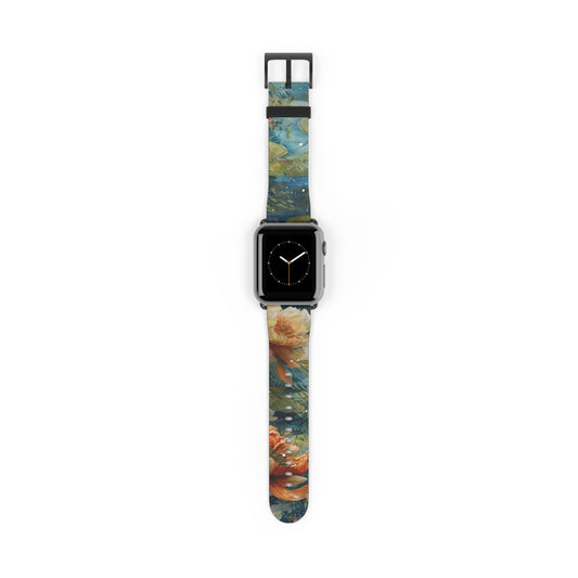 Waterlily Nocturne Apple Watch band with watch face featuring impressionist water lily pond artwork in rich blue and warm tones