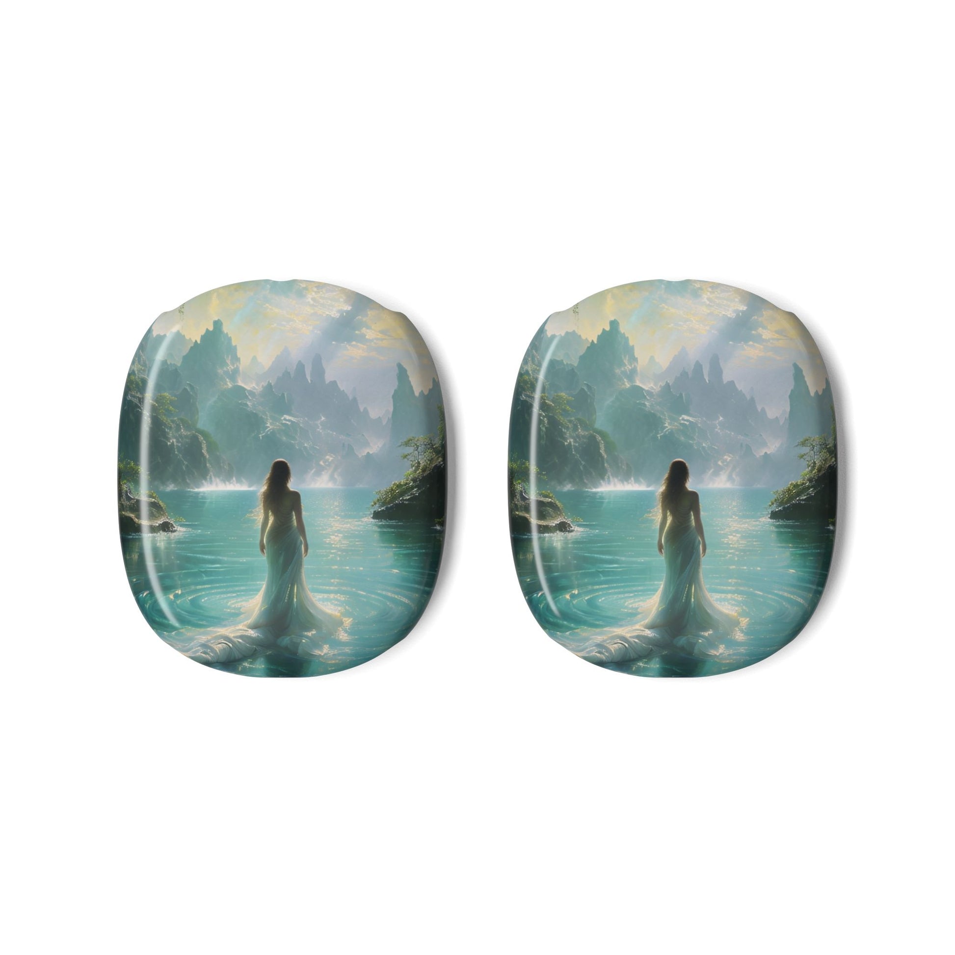 Celestial Tides AirPods Max ear cup covers with small, silhouetted woman facing dreamy teal seascape and towering cliffs, flat product view