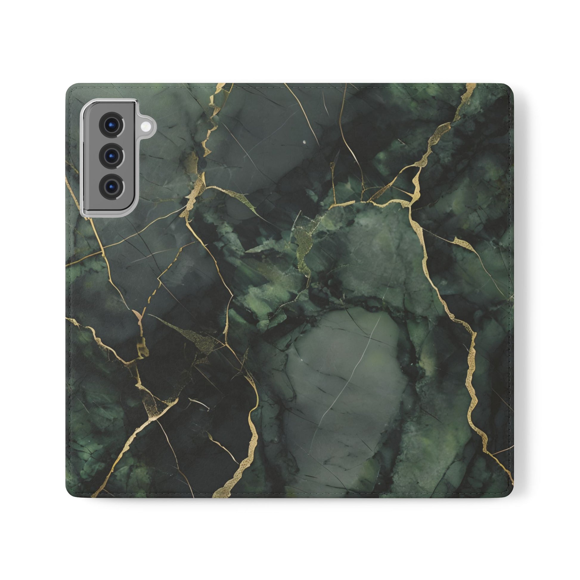 Verdant Vein - Flip Phone Case for Samsung Galaxy S21 Plus - Green and Gold Marble Design