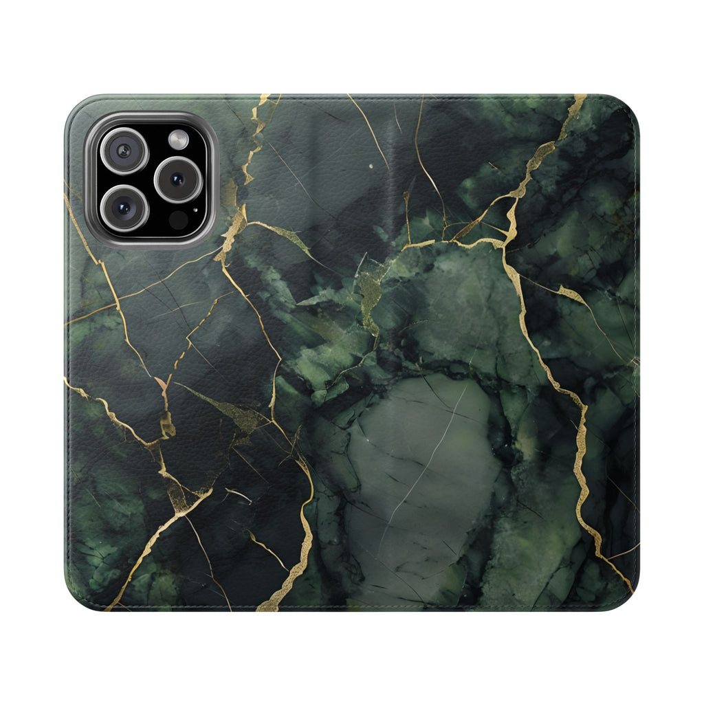 Verdant Vein - Green Marble Design Wallet Phone Case for iPhone 16 Pro Max