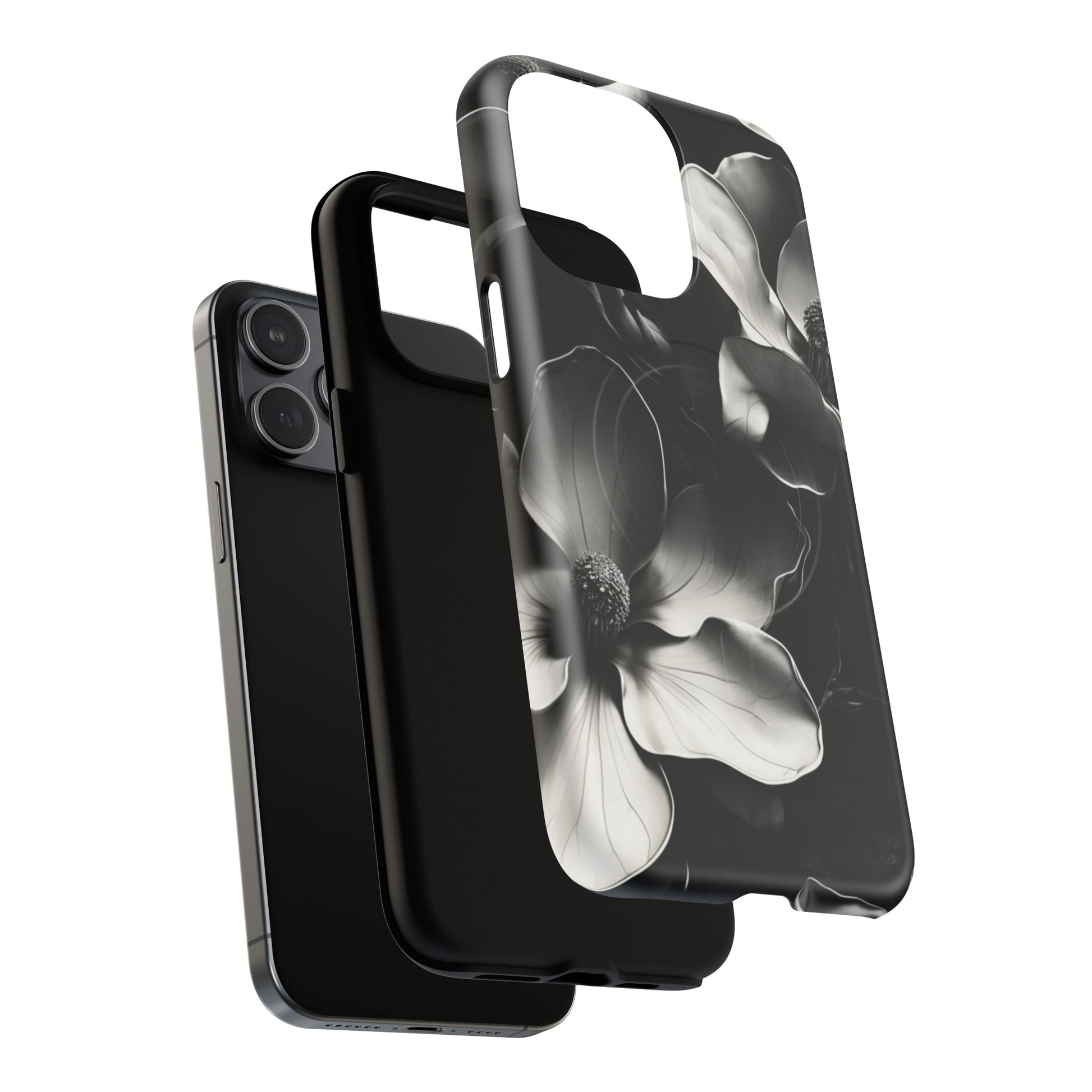Monochrome Magnolia - Elegant Black & White Floral iPhone 15 Pro Max MagSafe Phone Case - Artistic Magnolia Design