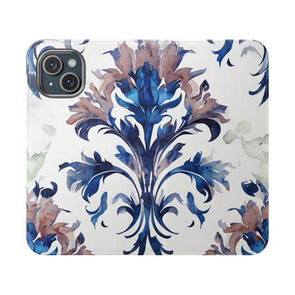 Delft Reverie blue floral iPhone wallet flip phone case with botanical pattern