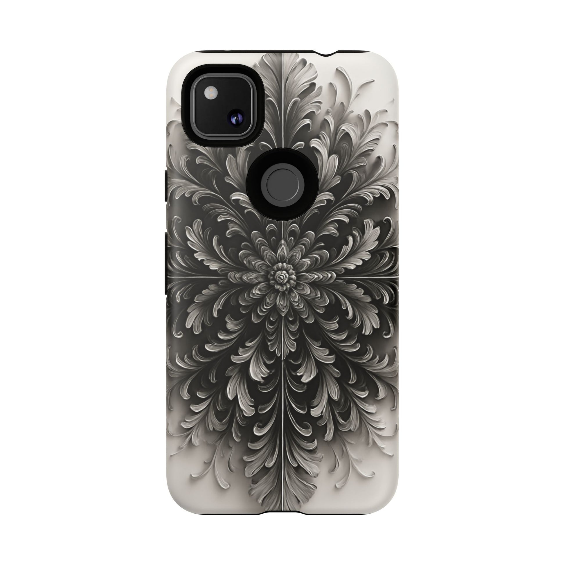 Obsidian Bloom - Elegant Black & White Google Pixel 4a Tough Phone Case - Intricate Mandala Flower Design