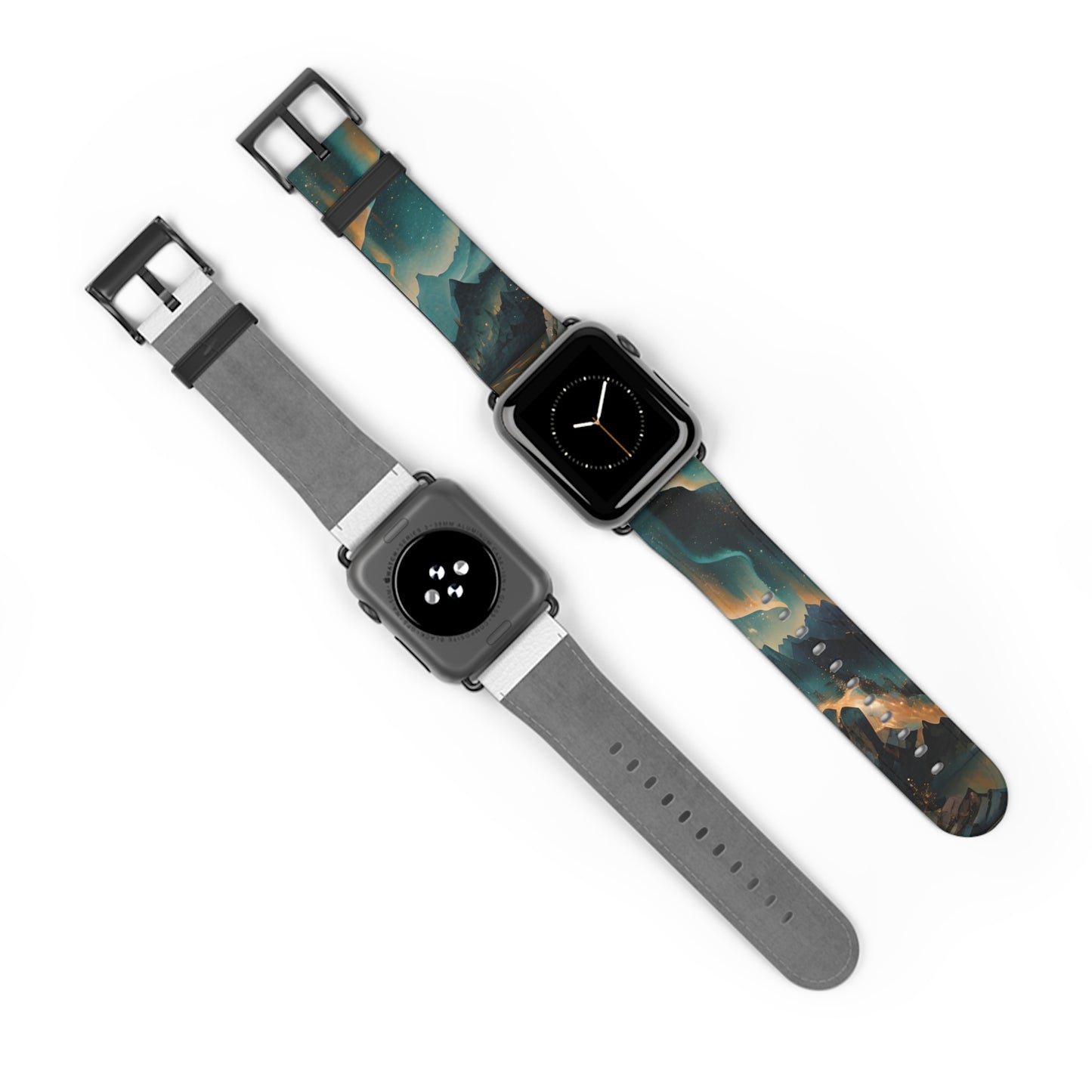 Aurora Dreamscape Apple Watch bands shown on two watches front and back highlighting aurora sky landscape artwork
