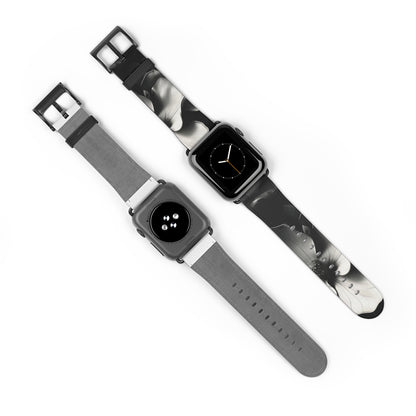 Monochrome Magnolia Apple Watch bands shown on two watches front and back highlighting black and white magnolia flower artwork