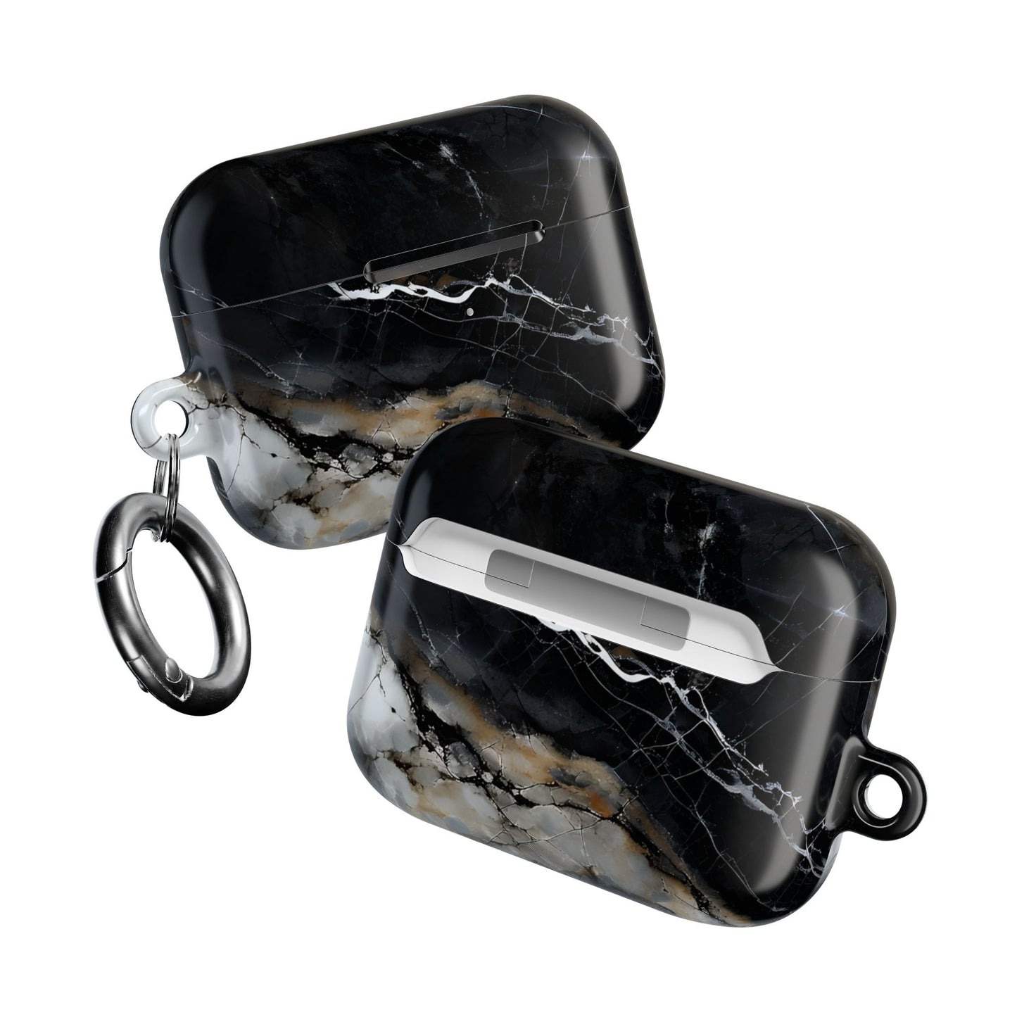 Two Obsidian Vein AirPods cases angled view showing black marble artwork on both sides