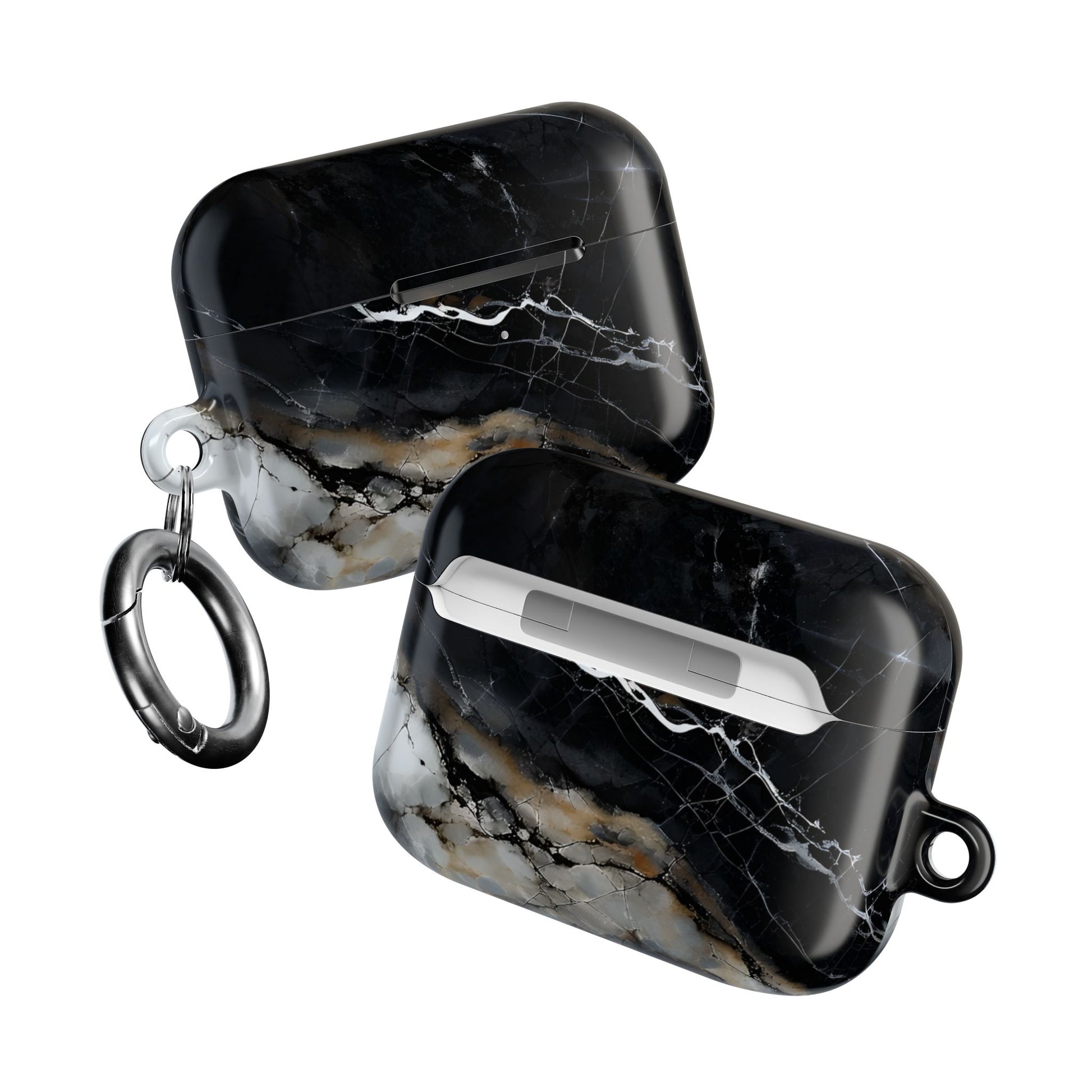 Two Obsidian Vein AirPods cases angled view showing black marble artwork on both sides