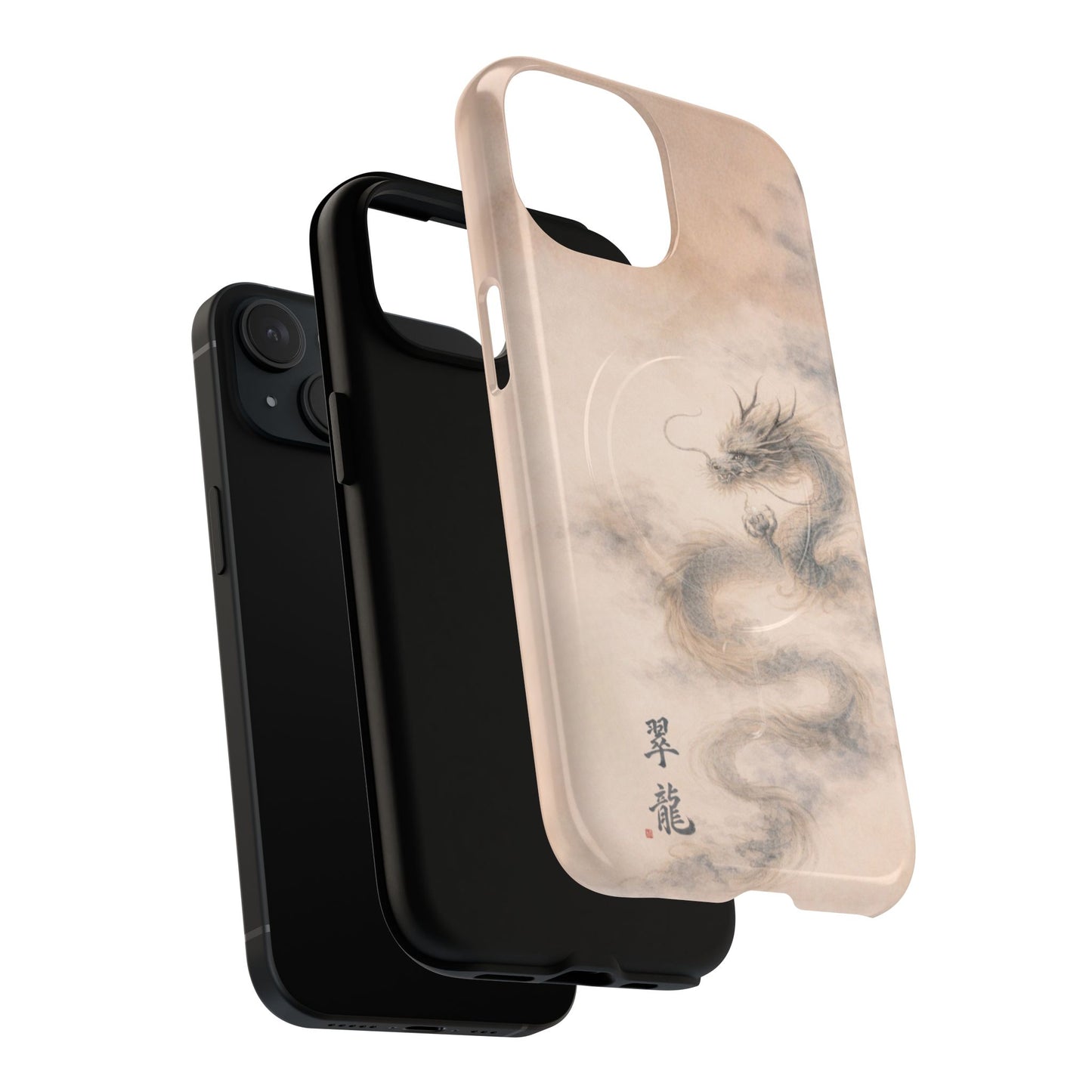 Jade Dragon iPhone case with dual-layer shock protection, Japanese ink dragon design, soft tones, slim durable protective phone case