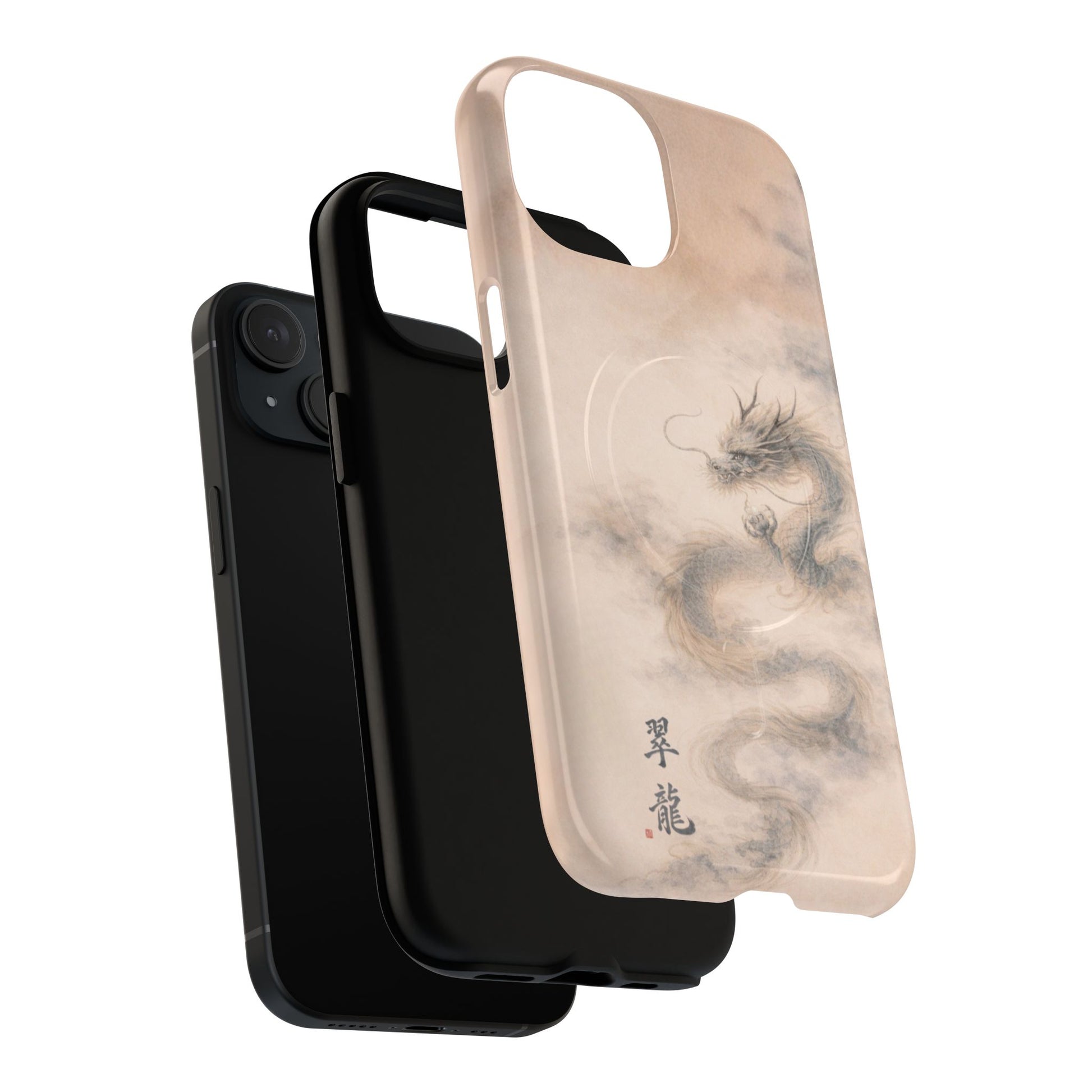 Jade Dragon iPhone case with dual-layer shock protection, Japanese ink dragon design, soft tones, slim durable protective phone case