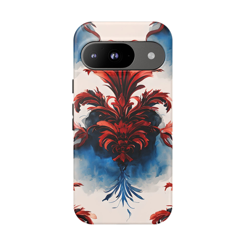Crimson Plume - Bold Artistic Feather Google Pixel 9 Tough Phone Case - Dramatic Red & Blue Design
