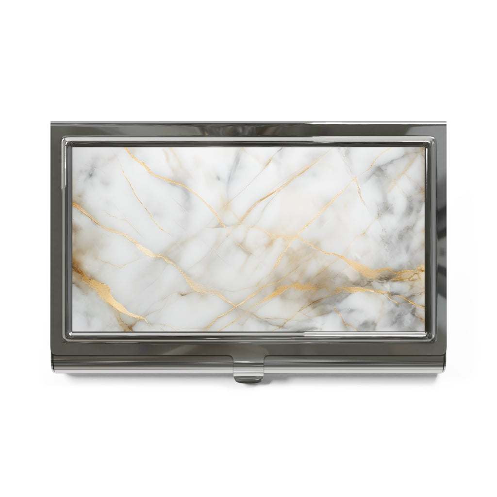 Golden Vein Business Card Holder - Elegant White & Gold Veining Metal Case for Women, Designer Professional Card Organizer