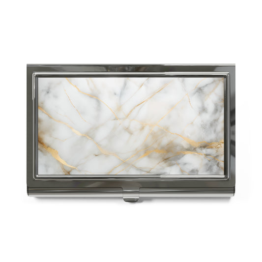 Golden Vein Business Card Holder - Elegant White & Gold Veining Metal Case for Women, Designer Professional Card Organizer