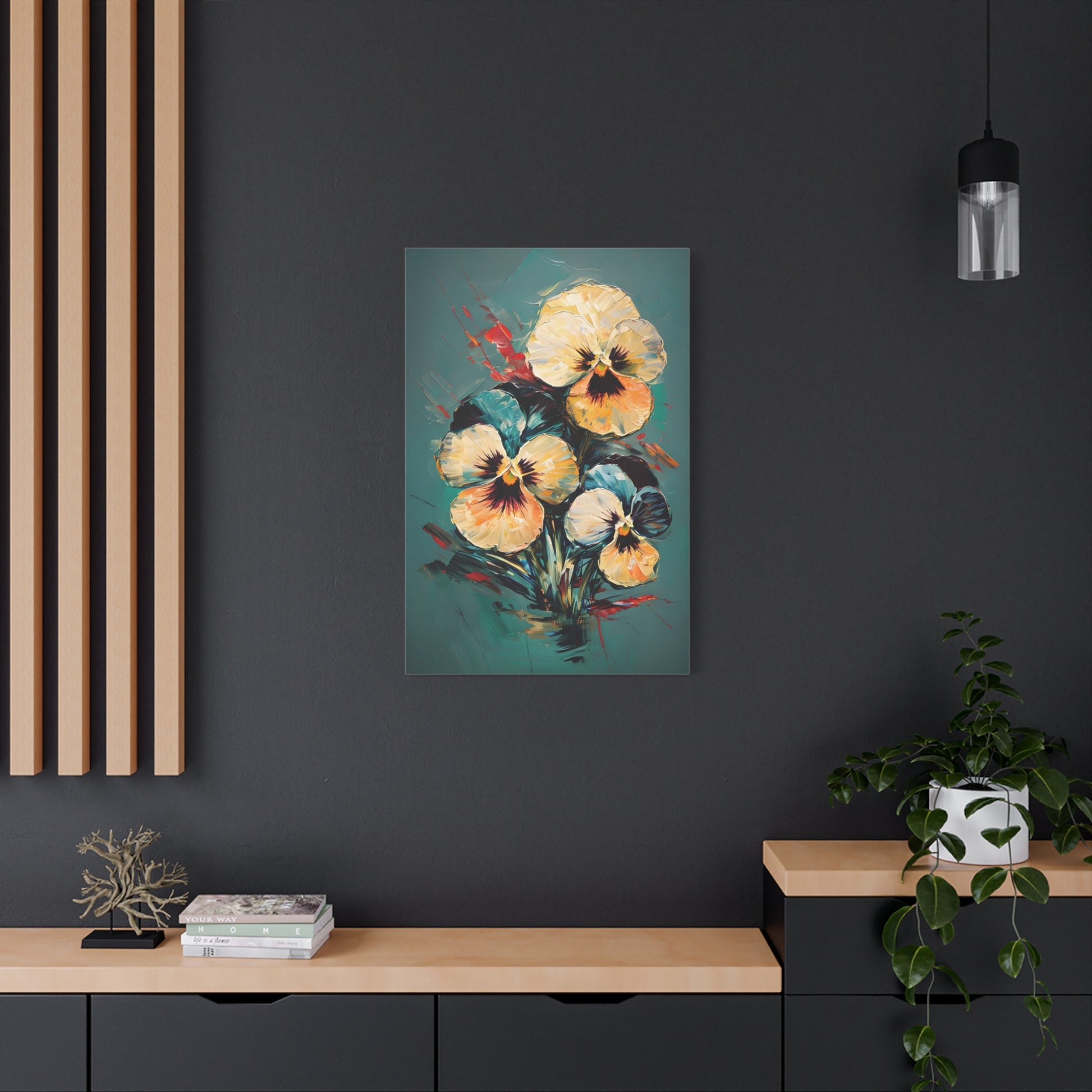 Golden Pansy Cascade floral wall art canvas displayed on a dark accent wall in a modern living room
